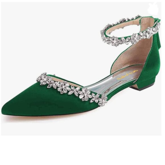 XYD Green Pointed Toe Sparkly Rhinestones Ankle Strap D'Orsay Wedding Sandals - Picture 1 of 8